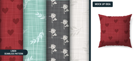 Linen Texture Background With Heart, Flowers, tropical leaves for summer.