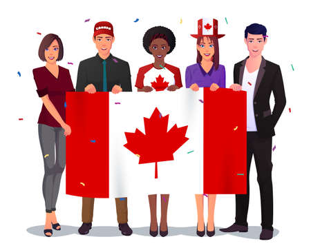 People Holding Canada Flag And Celebrating Canada Day, Man and Woman Wearing Canada Hat, Multicultural group, Premium Vector.のイラスト素材