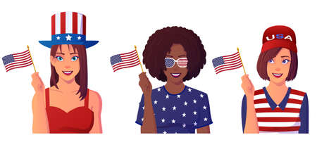 Multicultural Women holding United States flag, People wearing American hat and cloth celebrating 4th julyday.のイラスト素材