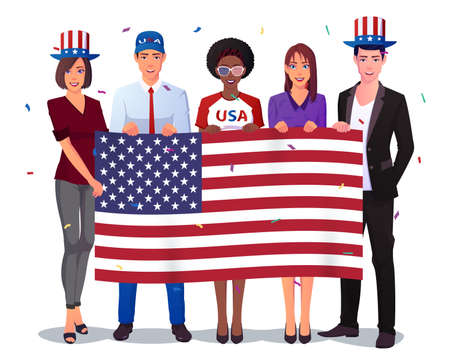 People Holding American Flag And Celebrating 4th july, Man and Woman Wearing USA Hat, Multicultural group, Premium Vector.のイラスト素材
