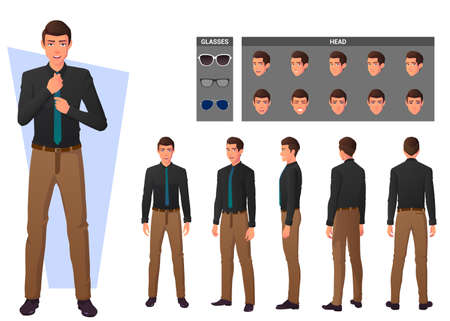 Cartoon Business Man Wearing Shirt and Standing in Different poses Character Creation Set.のイラスト素材