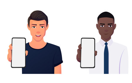 Cartoon Man Holding Showing Blank Phone screen.