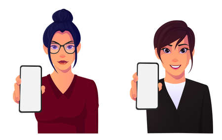 Cute Cartoon Woman Holding Mobile Phone and pointing it towards Camera.のイラスト素材