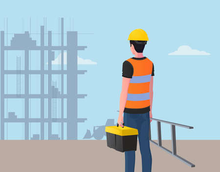 Construction Worker at job Site With tool Box And Ladder Premium Vectorのイラスト素材
