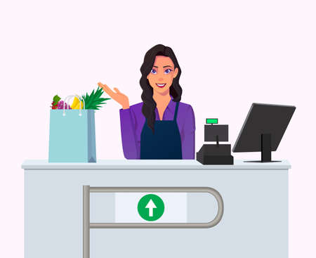 Cashier Woman at Cash Desk illustrationのイラスト素材