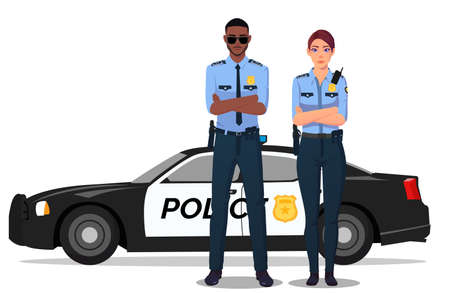 Male and Female Cop Standing Next to Police Car, Policeman and Policewoman in Uniform illustrationのイラスト素材
