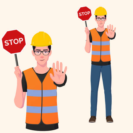 Construction Worker Holding Stop Sign Vector Illustrationのイラスト素材