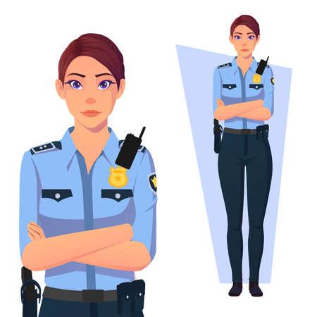 Policewoman With Arms Folded, Wearing blue Uniform Premium Vectorのイラスト素材