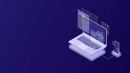 Software Development and Code testing UI For Mobile and Computer on Isometric Viewのイラスト素材