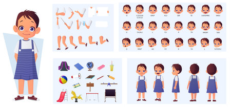 Little Cartoon Girl Character Constructor with Lip-sync, Front, Side, and Rear view, Hand Gestures and Emotions for Animation Vector Illustrationのイラスト素材