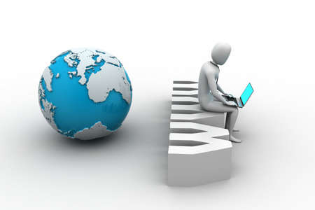 Man with laptop sitting on www labelの写真素材