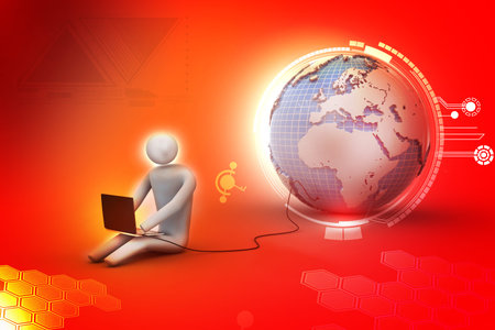 3d man sit near the globe with laptop