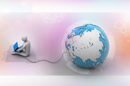 3d man sit near the globe with laptop
