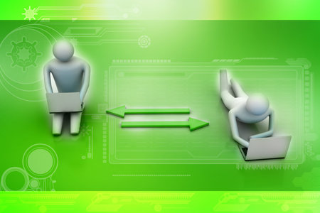 Two 3d people holding laptops are connected with arrows