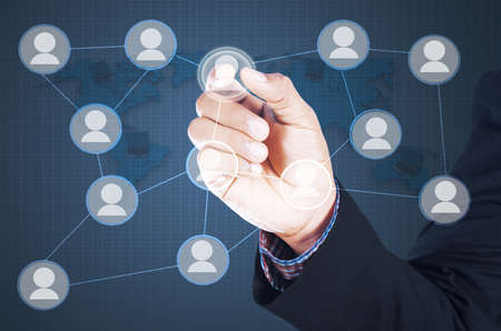 Image of man touching icon of social networkの写真素材