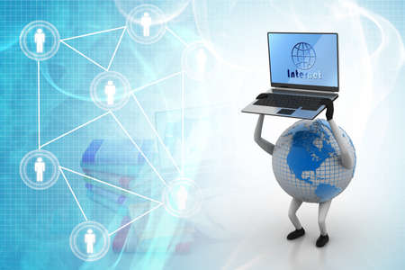 Earth holding laptop in handの写真素材