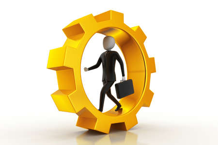 Business man running in gear wheelsの写真素材