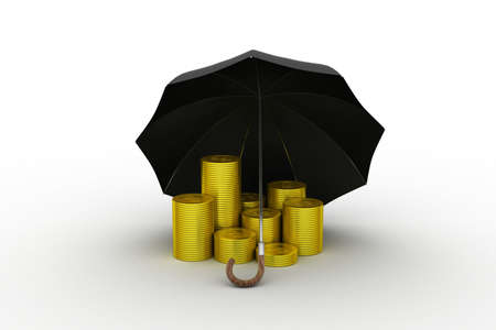 Gold coins under a black umbrellaの写真素材