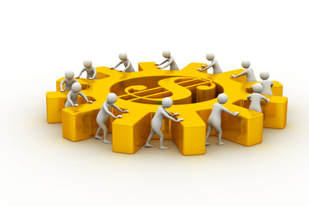 3d people push the dollar wheelの写真素材