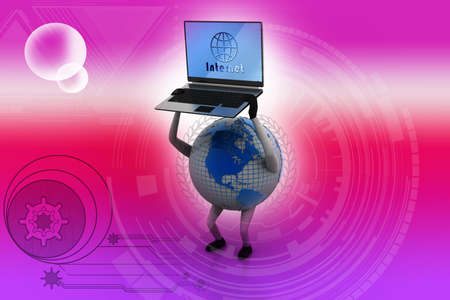 Earth holding laptop in handの写真素材