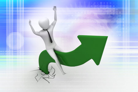 Business man sitting a growing arrowの写真素材