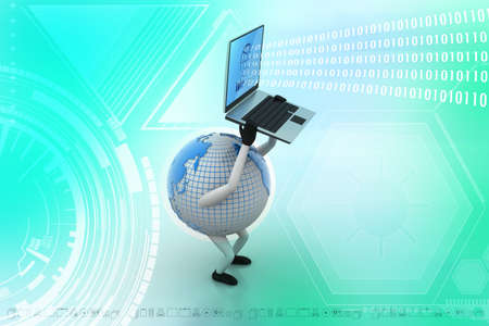 Earth holding laptop in handの写真素材