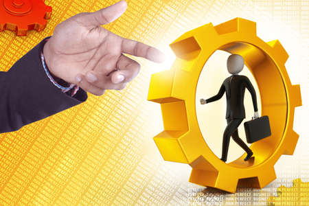 Business man showing man running in gear wheelsの写真素材