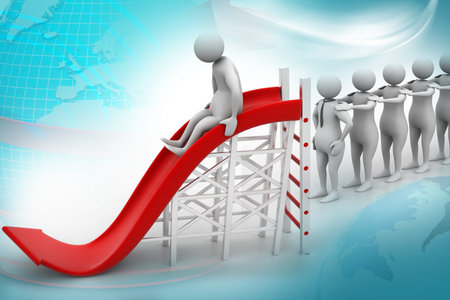 3D man playing on a arrow slide の写真素材