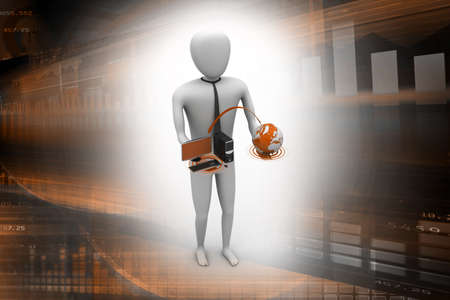 3d man with globe and computerの写真素材