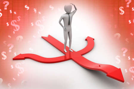 3d small person standing on red arrows  3d image の写真素材