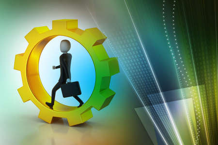 Business man running in gear wheelsの写真素材