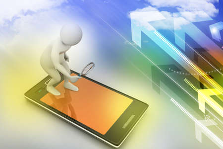 3d man analysing the tablet through magnifierの写真素材