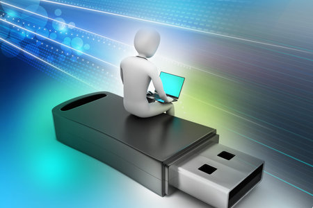 3d man and laptop sitting usb