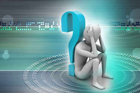 3d man sitting near the question markの写真素材