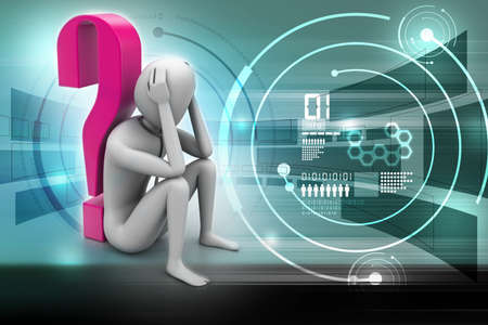 3d man sitting near the question markの写真素材