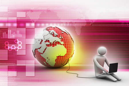 3d man sit near the globe with laptopの写真素材