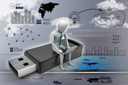 3d man and laptop sitting usb