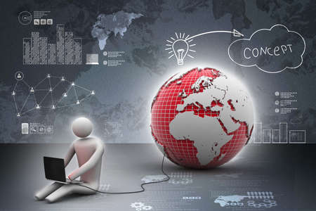 3d man sit near the globe with laptopの写真素材