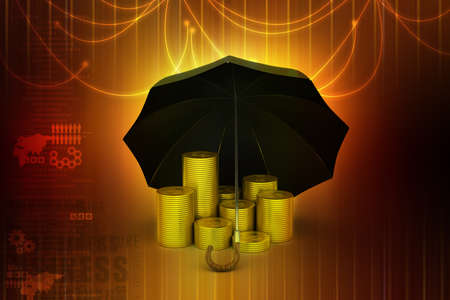 Gold coins under a black umbrellaの写真素材