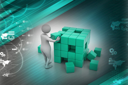 3d people - man, person pushing a cube