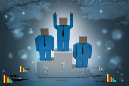 3d person in a podium winning first placeの写真素材