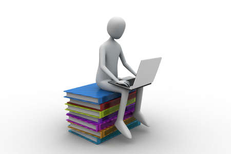 3d man sitting on books and working at his laptopの写真素材