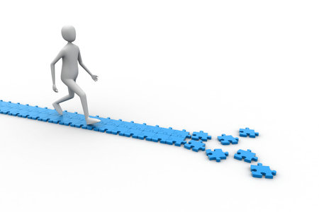 3d man walking on edge of a damaged puzzle pathの写真素材
