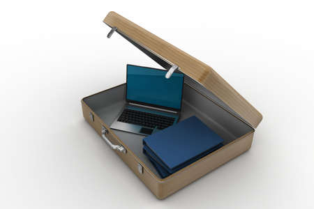 Laptop and files in briefcaseの写真素材
