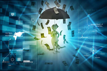 3d man and umbrella in money rainの写真素材