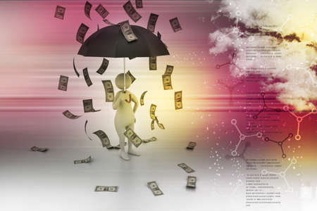 3d man and umbrella in money rainの写真素材