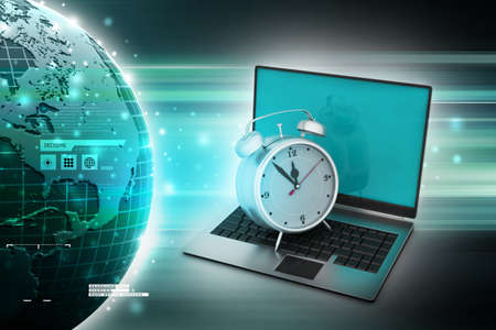 Laptop with alarm clockの写真素材