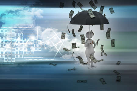 3d man and umbrella in money rainの写真素材