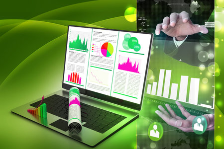 Laptop showing a financial reportの写真素材