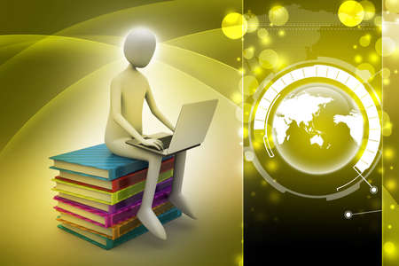 3d man sitting on books and working at his laptopの写真素材